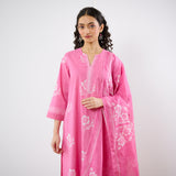 Dewdrop A-Line Cotton Kurta Trouser Set With Mulmul Dupatta - Candy Pink