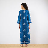 Dewdrop A-Line Cotton Kurta Trouser Set With Mulmul Dupatta - Indigo