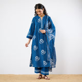 Dewdrop A-Line Cotton Kurta Trouser Set With Mulmul Dupatta - Indigo