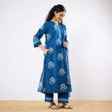 Dewdrop A-Line Cotton Kurta Trouser Set With Mulmul Dupatta - Indigo