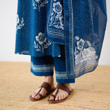 Dewdrop A-Line Cotton Kurta Trouser Set With Mulmul Dupatta - Indigo