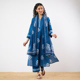 Dewdrop A-Line Cotton Kurta Trouser Set With Mulmul Dupatta - Indigo