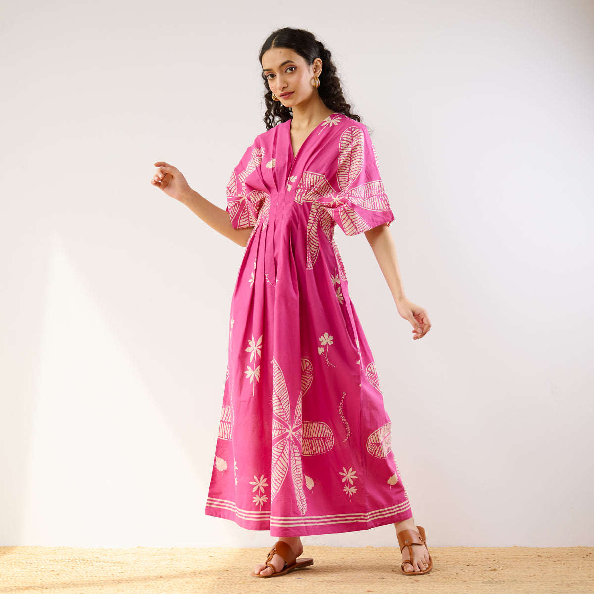 Periwinkle Pleated Cotton Maxi Dress - Pink