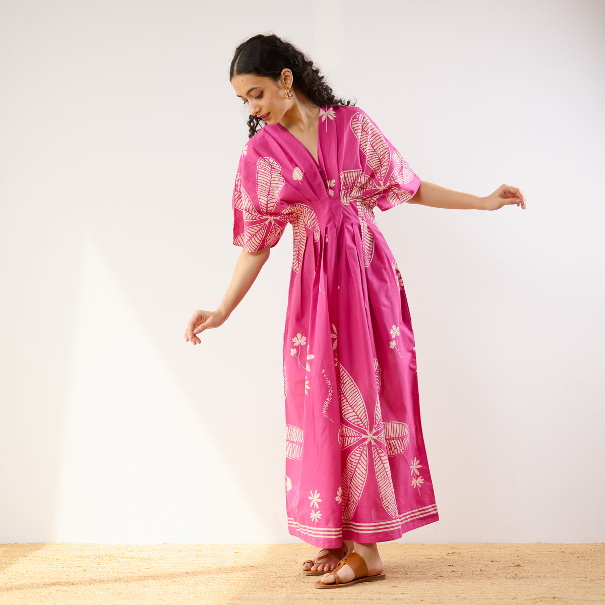 Periwinkle Pleated Cotton Maxi Dress - Pink