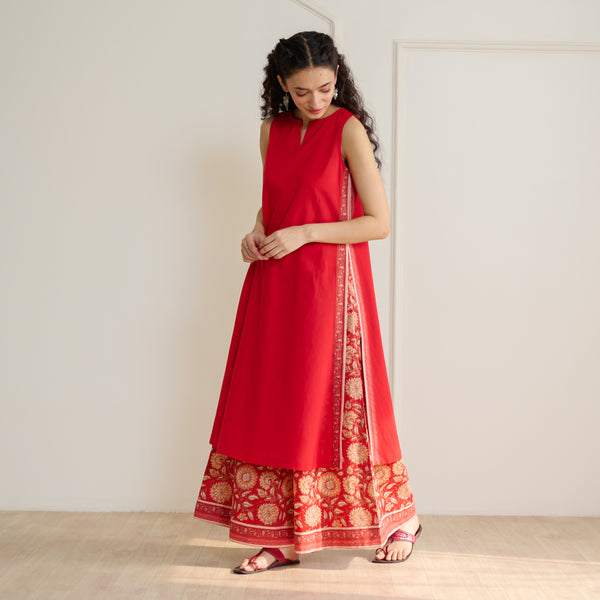 Green - Sanganeri Block Printed Cotton Kurta with Palazzo & Dupatta Set
