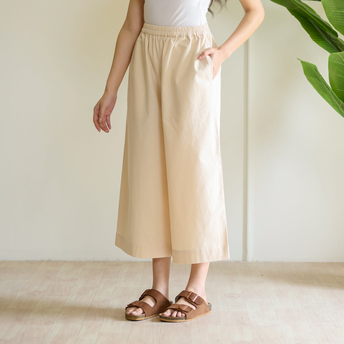 High Waist Elasticated Cotton Culottes - Off White