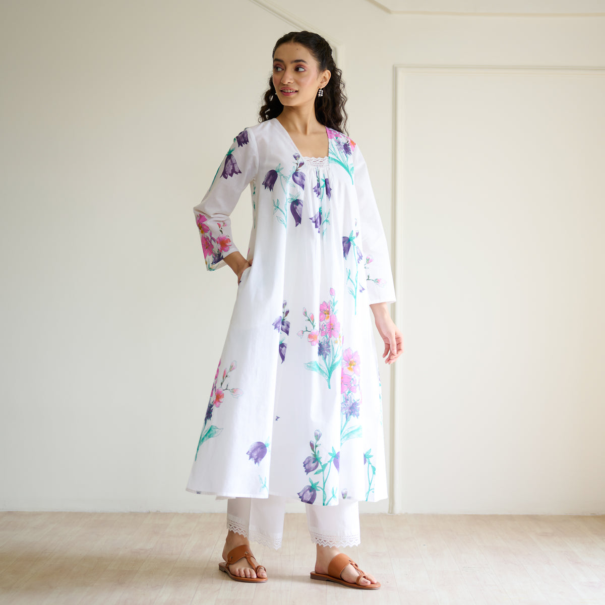 Liliet Cotton Kurta Set with Mulmul Slip - Sharp White