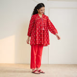 Blossom Sanganeri Inspired Co-ord Set with Tie-up Neckline - Cherry Red