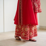 Mehek Sanganeri Inspired Sleeveless Kurta Palazzo Set with Dupatta - Cherry Red