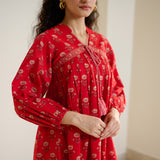 Blossom Sanganeri Inspired Co-ord Set with Tie-up Neckline - Cherry Red