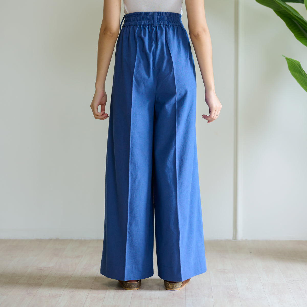 High Waist Pleated Cotton Trousers - Classic Blue