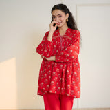 Blossom Sanganeri Inspired Co-ord Set with Tie-up Neckline - Cherry Red