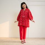 Blossom Sanganeri Inspired Co-ord Set with Tie-up Neckline - Cherry Red