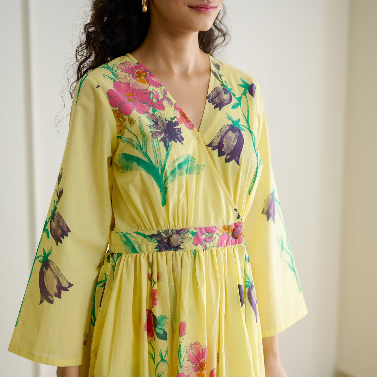 Tulip Cotton Overlap Dress with Mulmul Slip - Banana Yellow