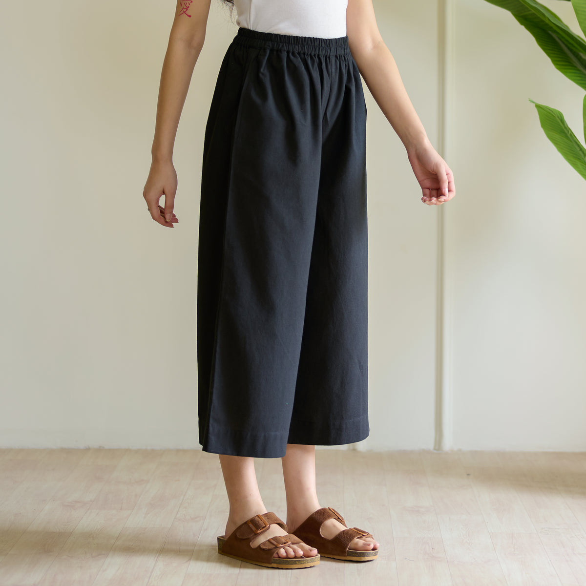 High Waist Elasticated Cotton Culottes - Black