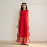 Mehek Sanganeri Inspired Sleeveless Kurta Palazzo Set with Dupatta - Cherry Red