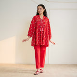 Blossom Sanganeri Inspired Co-ord Set with Tie-up Neckline - Cherry Red