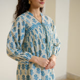 Blossom Sanganeri Inspired Co-ord Set with Tie-up Neckline - Beige