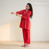 Blossom Sanganeri Inspired Co-ord Set with Tie-up Neckline - Cherry Red