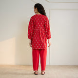 Blossom Sanganeri Inspired Co-ord Set with Tie-up Neckline - Cherry Red
