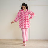 Blossom Sanganeri Inspired Co-ord Set with Tie-up Neckline - Baby Pink