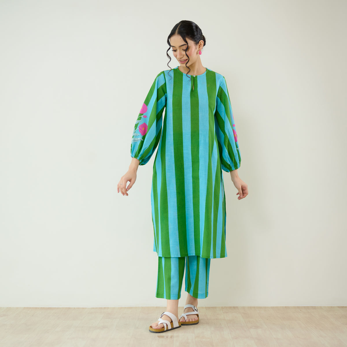 Verandah Striped Kurta Set - Sea Green