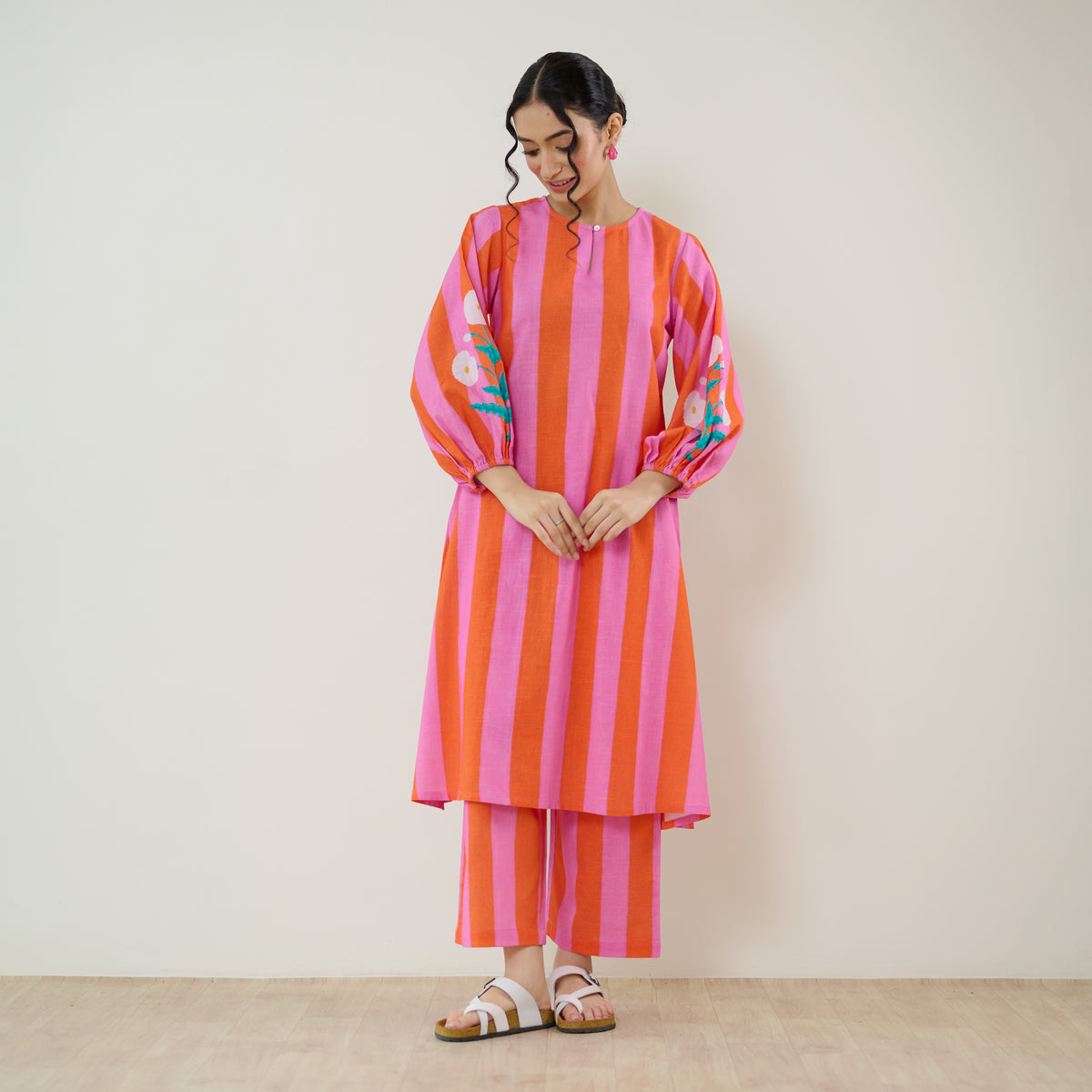 Verandah Striped Kurta Set - Orange