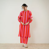 Verandah Striped Kurta Set - Hot Pink