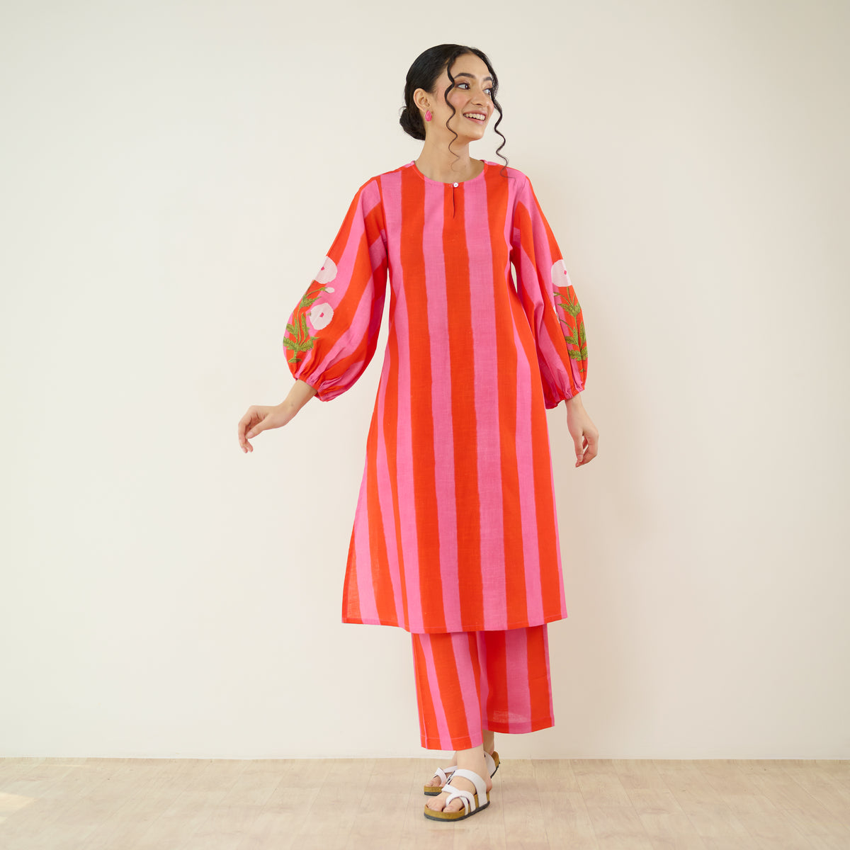 Verandah Striped Kurta Set - Hot Pink