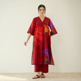Hibiscus Slub Cotton Kurta Set - Cherry Red