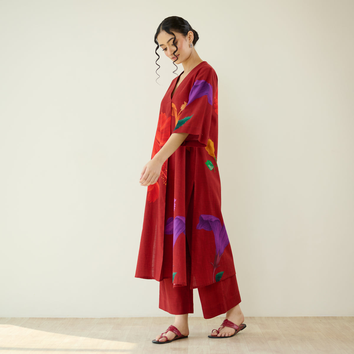 Hibiscus Slub Cotton Kurta Set - Cherry Red