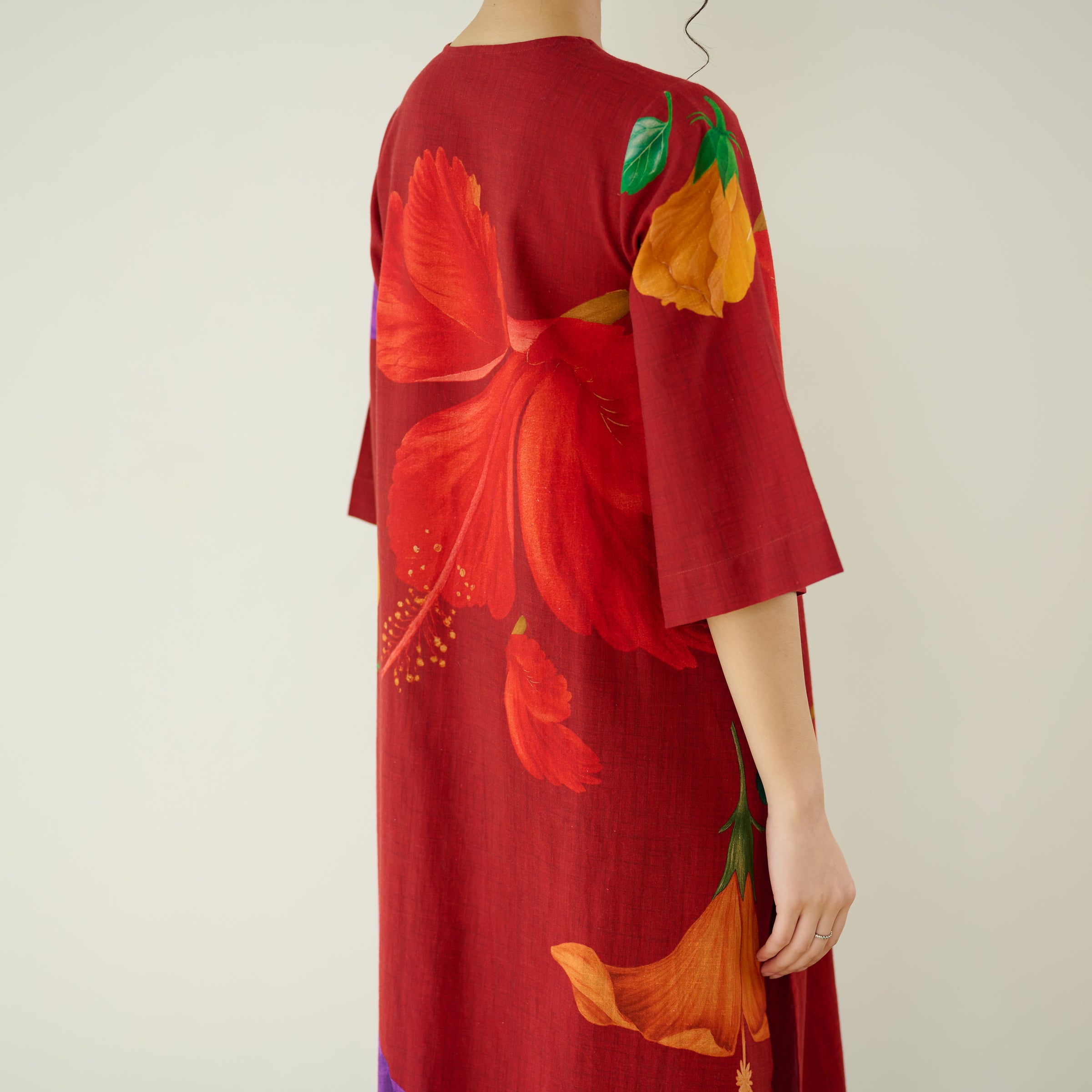 Hibiscus Slub Cotton Kurta Set - Cherry Red