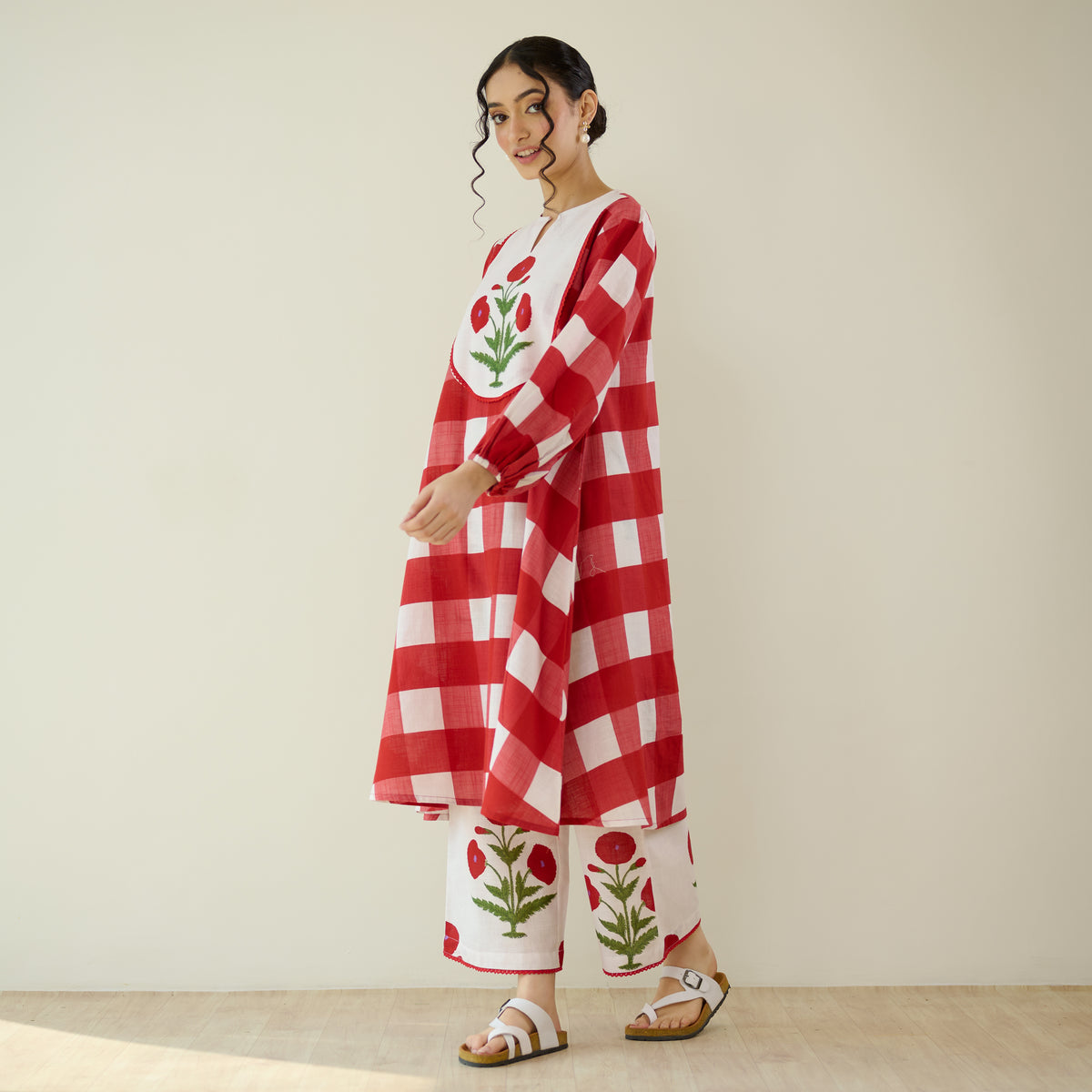 Old School Slub Cotton Kurta Set - Red