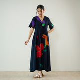 Hibiscus Bloom Cotton Maxi Dress - Black