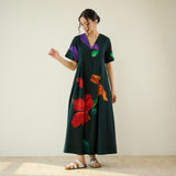 Hibiscus Bloom Cotton Maxi Dress - Emerald Green
