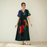 Hibiscus Bloom Cotton Maxi Dress - Emerald Green