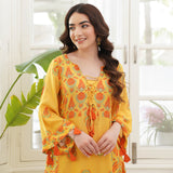 Mustard Paneled Kurta Set with Tie Up Neck Details & Flared Sleeves