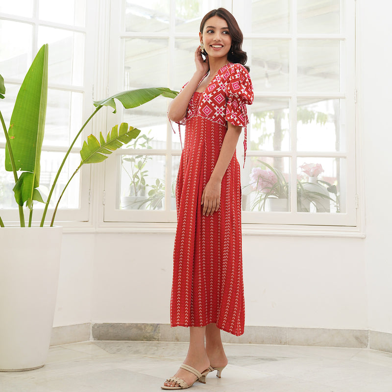 Red Box Pleated Maxi Dress with Puff Sleeves & Pockets