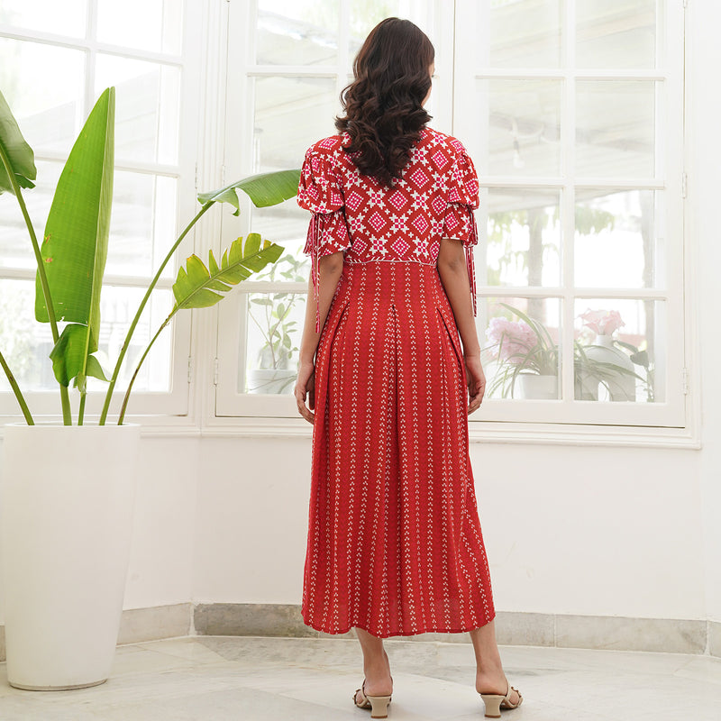 Red Box Pleated Maxi Dress with Puff Sleeves & Pockets