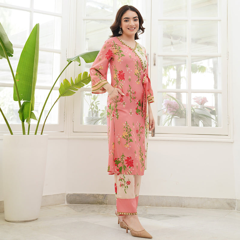Baby Pink & Cream Floral Printed Kurta Pant Set with Knot Details