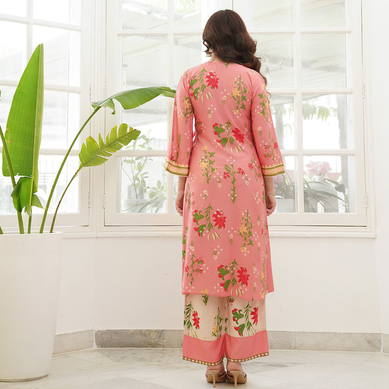 Baby Pink & Cream Floral Printed Kurta Pant Set with Knot Details