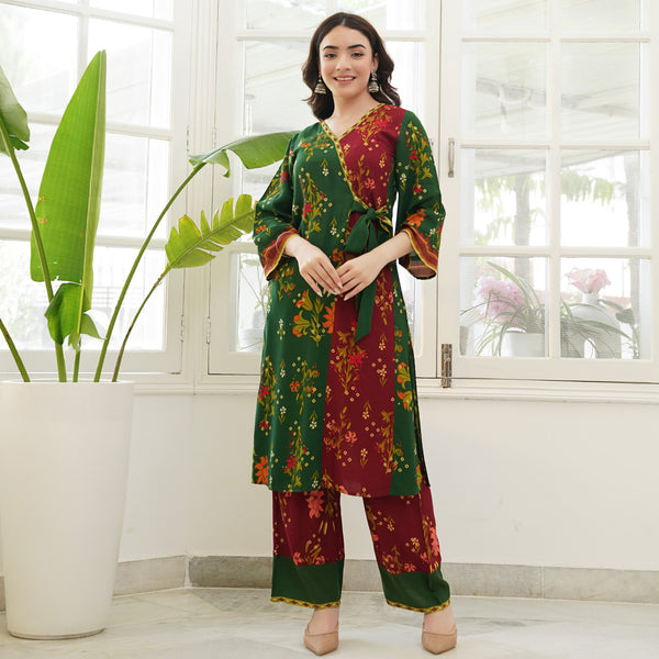 Green & Maroon Floral Printed Kurta Pant Set with Knot Details
