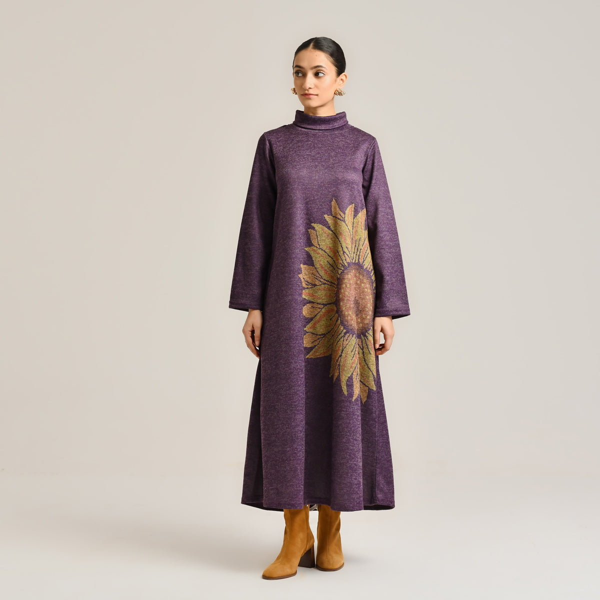 Violet Sunflower Statement Woollen Winter Dress