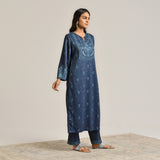 Blue Contemporary Embroidered Woollen Kurta