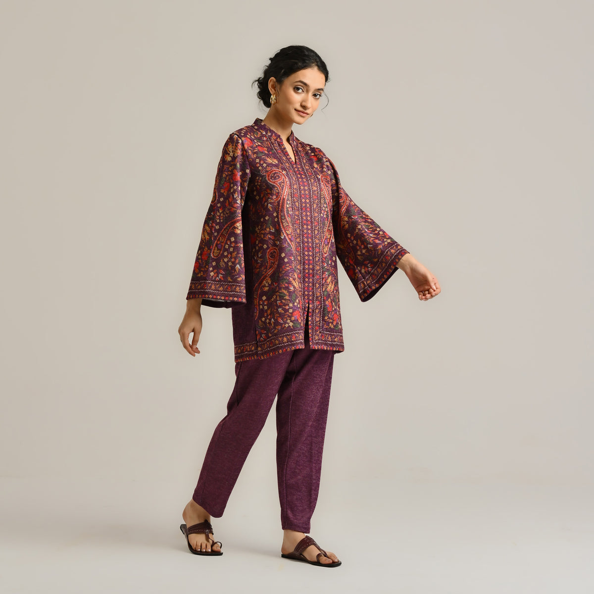 Wine Kashmiri Inspired Contemporary Woollen Co-ord Set
