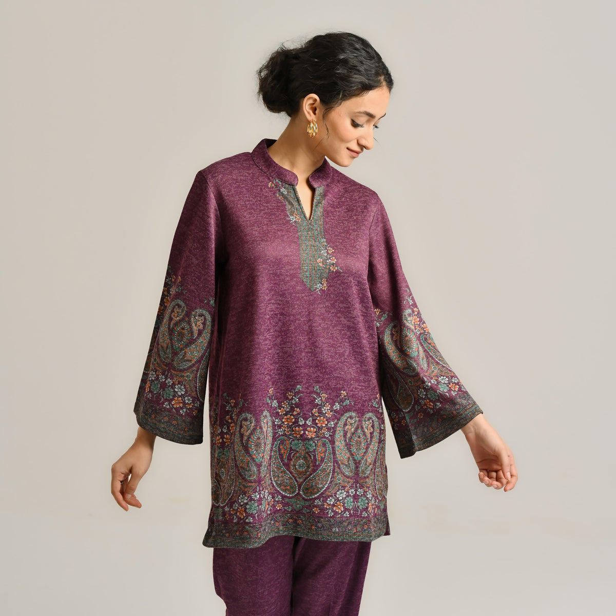 Wine Kashmiri Inspired Contemporary Woollen Co-ord Set