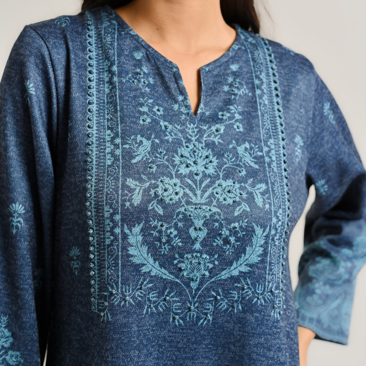 Blue Contemporary Embroidered Woollen Kurta