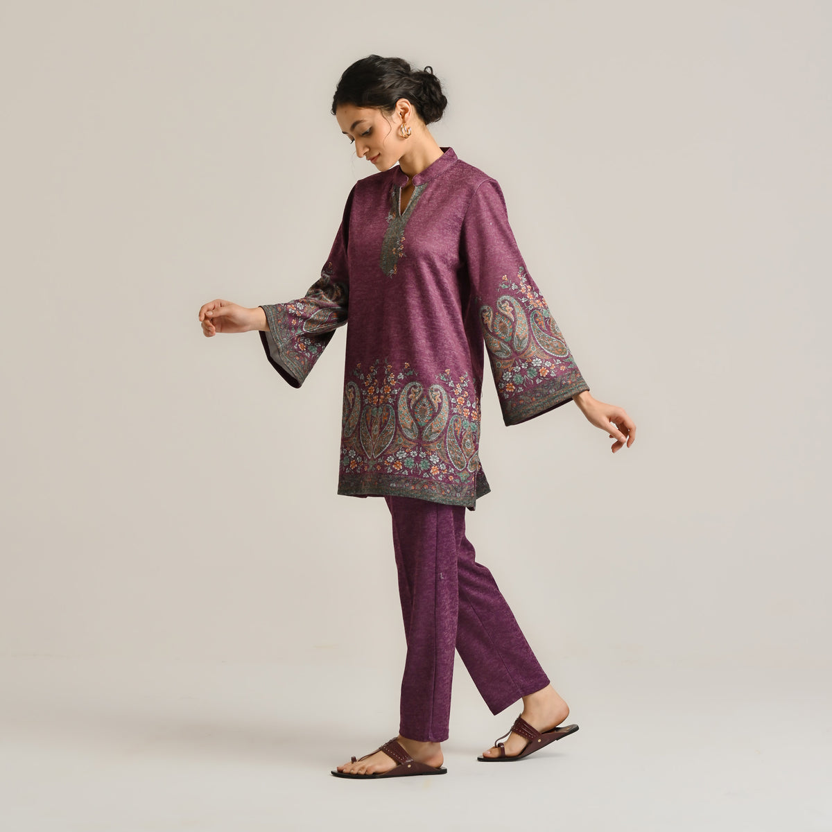 Wine Kashmiri Inspired Contemporary Woollen Co-ord Set