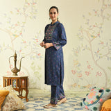 Navy Blue Embroidered & Floral Printed Woollen Kurta Pant Set