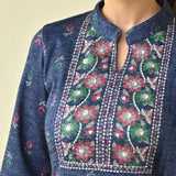 Navy Blue Embroidered & Floral Printed Woollen Kurta Pant Set